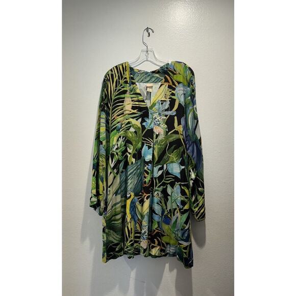 H&M Small Green Tropical Belted Kaftan Dress Birds Resort Parrot Vacation Travel - Picture 1 of 12